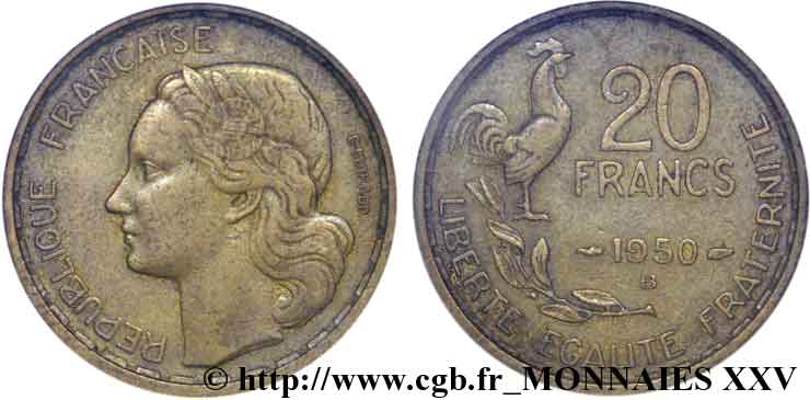 20 francs Georges Guiraud, 4 faucilles 1950 Beaumont-le-Roger F.401/3 MB 