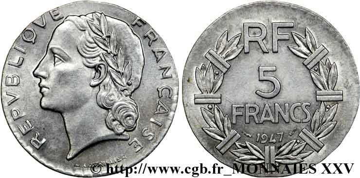 5 francs Lavrillier en aluminium, fauté de frappe 1947 Paris F.339/9 VZ 