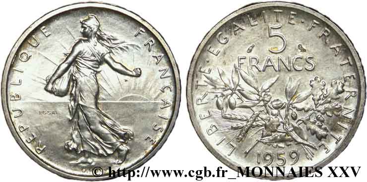 Essai de 5 francs Semeuse, argent, grand 5 1959 Paris F.340/1 VZ 
