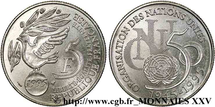 5 francs cinquantenaire de l’ONU 1995 Pessac F.345/1 AU 