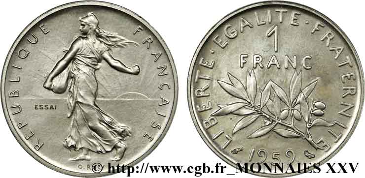 Essai-piéfort de 1 franc Semeuse, nickel 1959 Paris F.226/3P EBC 