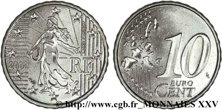 BANQUE CENTRALE EUROPEENNE 10 centimes d’euro, frappe sur flan blanc 2002 SPL