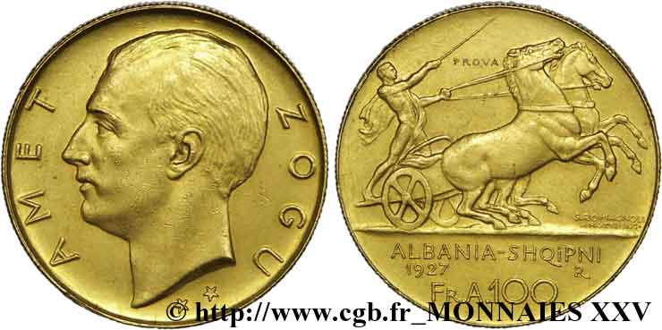 ALBANIA - REPUBLIC, THEN KINGDOM OF ALBANIA - ZOG Essai de 100 francs or 1927 Rome XF 
