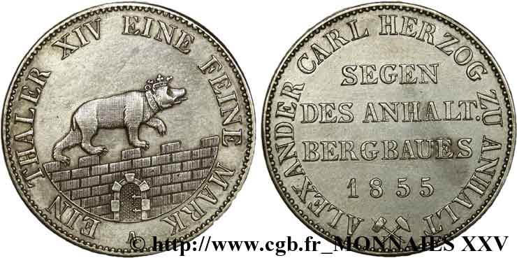 GERMANY - DUCHY OF ANHALT-BERNBURG - ALEXANDER CHARLES Thaler des mines 1855 Berlin AU 