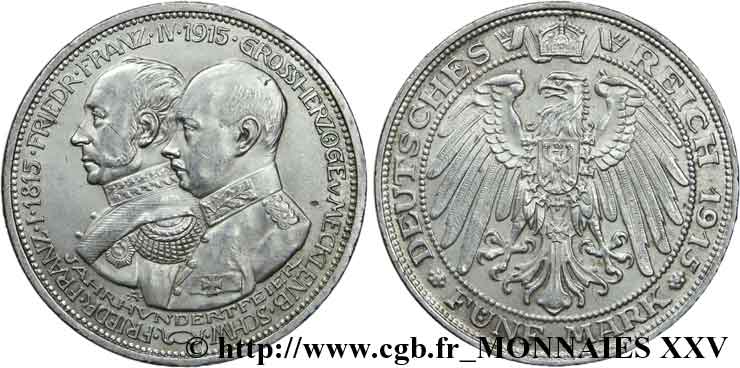 ALLEMAGNE - GRAND DUCHE DE MECKLEMBOURG-SCHWERIN 5 mark, centenaire du Grand Duché 1915 Berlin AU 