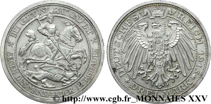 ALEMANIA - REINO DE PRUSIA - GUILLERMO II 3 mark, centenaire du rattachement du comté de Mansfeld à la Prusse 1915 Berlin EBC 