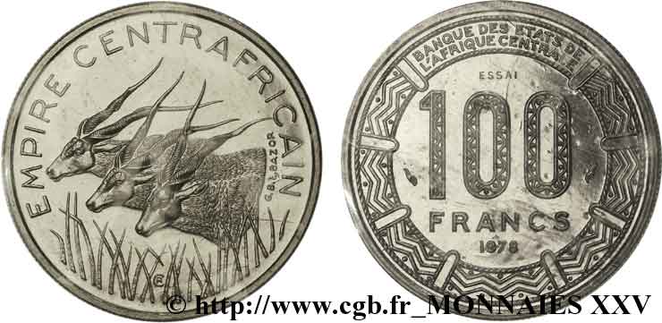 REPúBLICA CENTROAFRICANA Essai de 100 francs Empire Centrafricain antilopes 1978 Paris FDC 