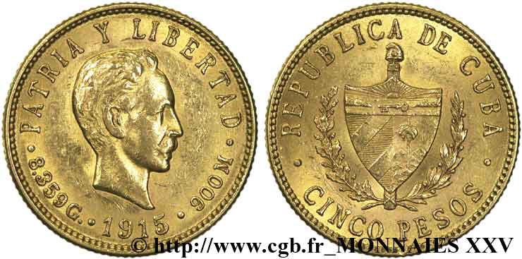 CUBA - RÉPUBLIQUE 5 pesos or 1915 Philadelphie BB 