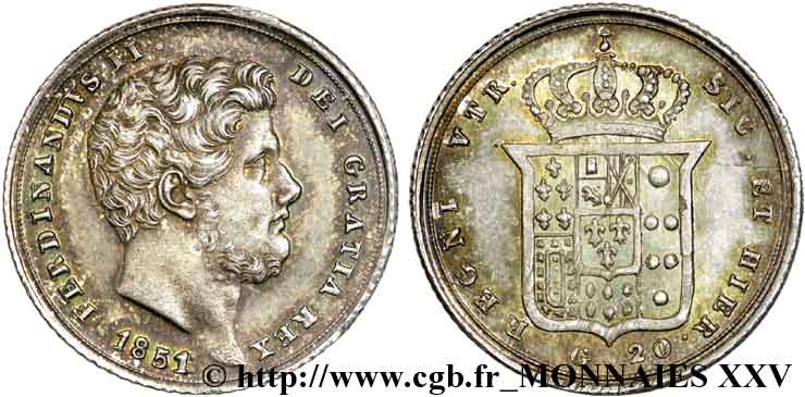 ITALY 20 grana Ferdinand II 1851 Naples AU 