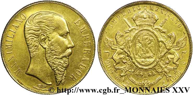 MEXICO - MAXIMILIAN I 20 pesos 1866 Mexico XF 