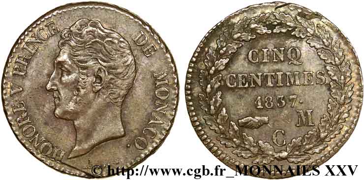 MONACO - HONORE V Cinq centimes 1837 Monaco AU 