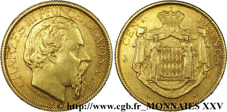 MONACO - PRINCIPAUTÉ DE MONACO - CHARLES III 100 francs or 1884 Paris XF 