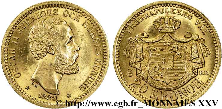 SWEDEN - KINGDOM OF SWEDEN - OSCAR II 20 kronor, 3e type 1889 Stockholm AU 