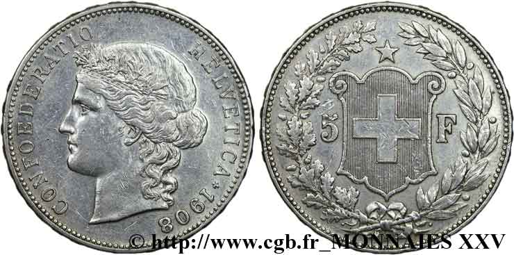 SWITZERLAND - HELVETIC CONFEDERATION 5 francs 1908 Berne XF 
