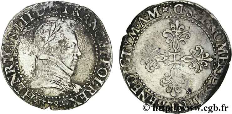 HENRY III Franc au col plat 1578 Lyon XF