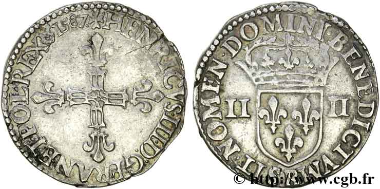 HENRY III Quart d écu, croix de face 1587 Rouen AU/XF