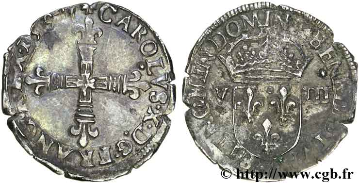 CHARLES X, CARDINAL OF BOURBON Huitième d écu, croix de face 1597 Nantes XF/VF