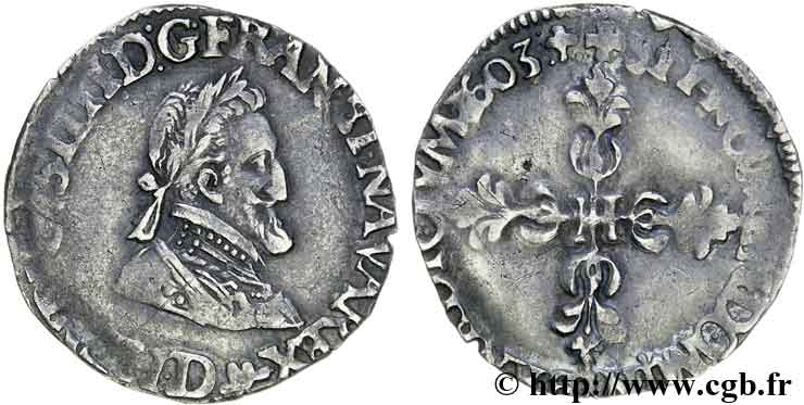 HENRY IV Quart de franc, type de Lyon 1603 Lyon XF/VF