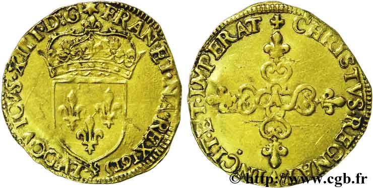 LOUIS XIII  Écu d or au soleil, à la croix anillée fleurdelisée 1615 Paris BB