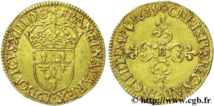 LOUIS XIII  Écu d or au soleil, à la croix anillée fleurdelisée 1635 Rouen MBC+