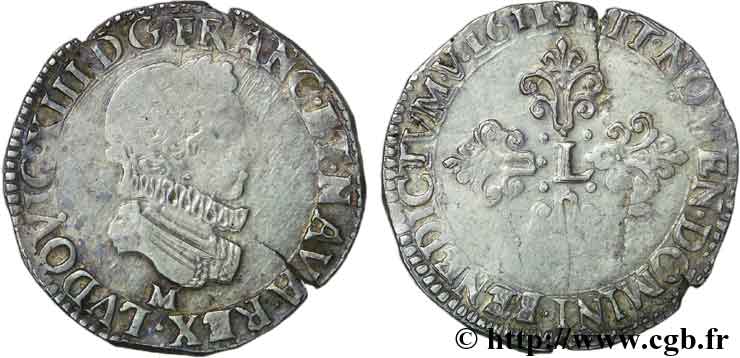 LUIGI XIII IL GIUSTO Demi-franc au buste enfantin et fraisé 1611 Toulouse VF/XF