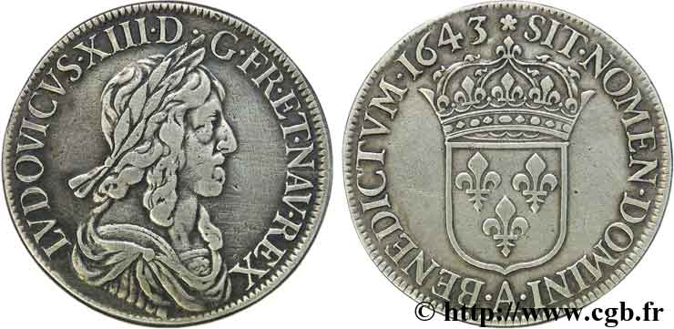 LOUIS XIII LE JUSTE Écu, buste drapé et cuirassé (2e buste de Jean Warin) 1643 Paris, Monnaie de Matignon TB+/TTB