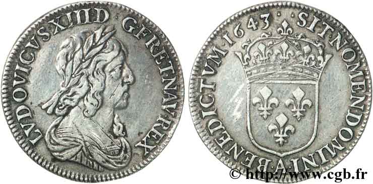 LOUIS XIII  Quart d écu, buste drapé et cuirassé (2e buste de Jean Warin) 1643 Paris XF/AU