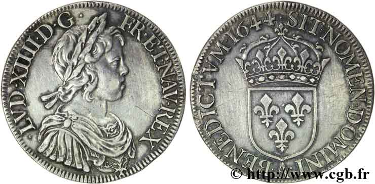 LOUIS XIV LE GRAND OU LE ROI SOLEIL Écu à la mèche courte 1644 Paris, Monnaie du Louvre TTB+/SUP