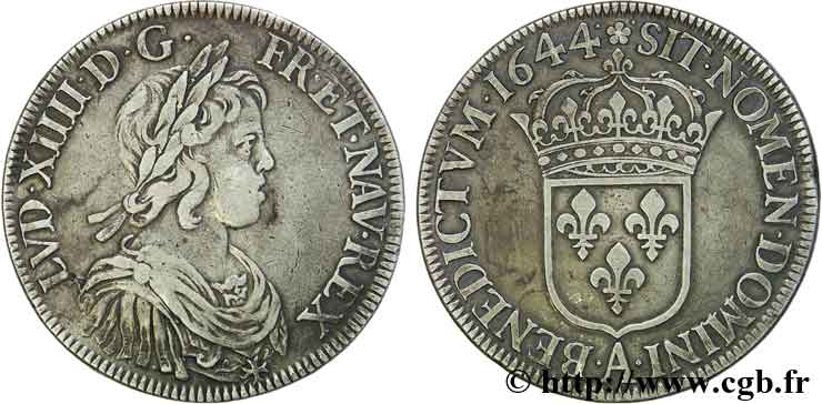 LOUIS XIV LE GRAND OU LE ROI SOLEIL Écu à la mèche courte 1644 Paris, Monnaie de Matignon TTB