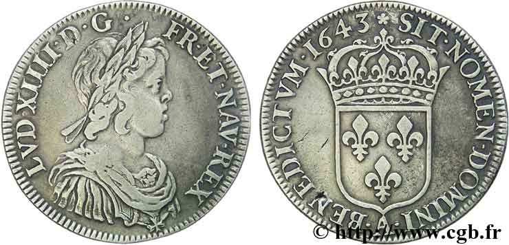LOUIS XIV LE GRAND OU LE ROI SOLEIL Demi-écu à la mèche courte 1643 Paris, Monnaie de Matignon TB+/TTB