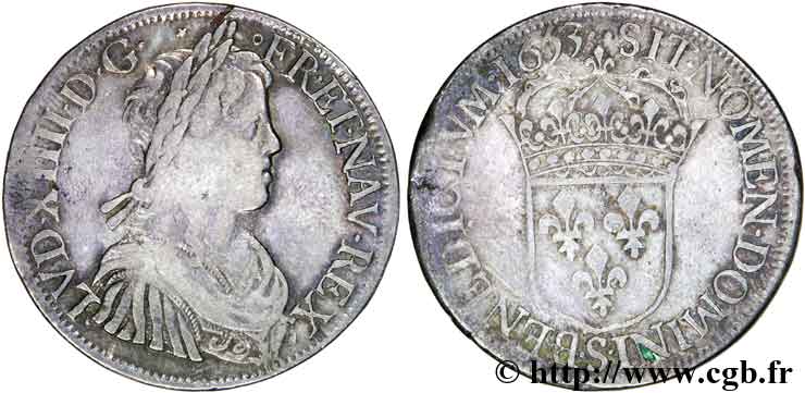 LOUIS XIV  THE SUN KING  Écu à la mèche longue 1653 Troyes VF