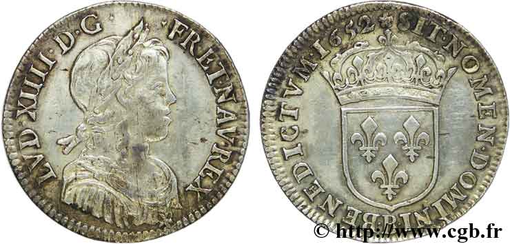 LOUIS XIV  THE SUN KING  Quart d écu à la mèche longue 1652 Rouen MBC