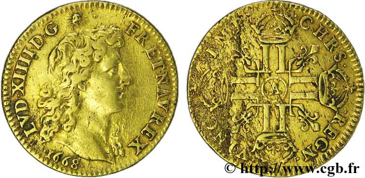 LOUIS XIV  THE SUN KING  Louis d or aux huit L, portrait à la tête nue 1668 Paris BC+