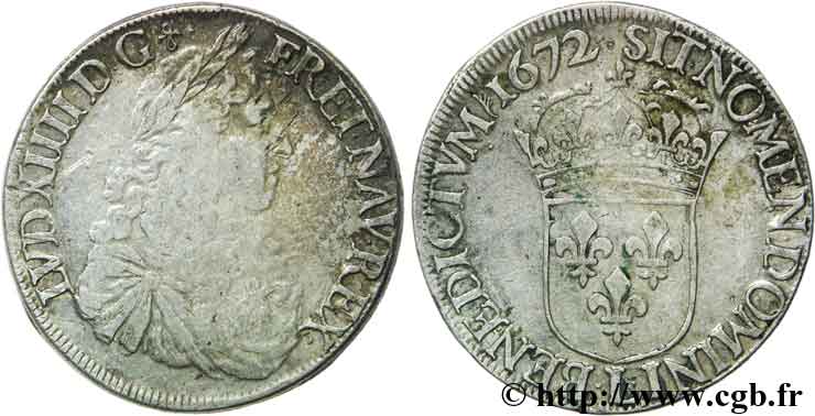 LOUIS XIV  THE SUN KING  Écu au buste juvénile, 2e type 1672 Bayonne q.BB