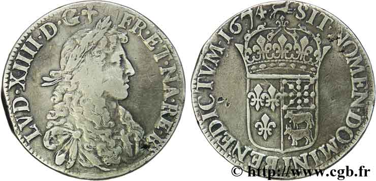 LOUIS XIV &nbsp;THE SUN KING&nbsp; Écu au buste juvénile du Béarn, 2e type 1674 Pau VF/XF