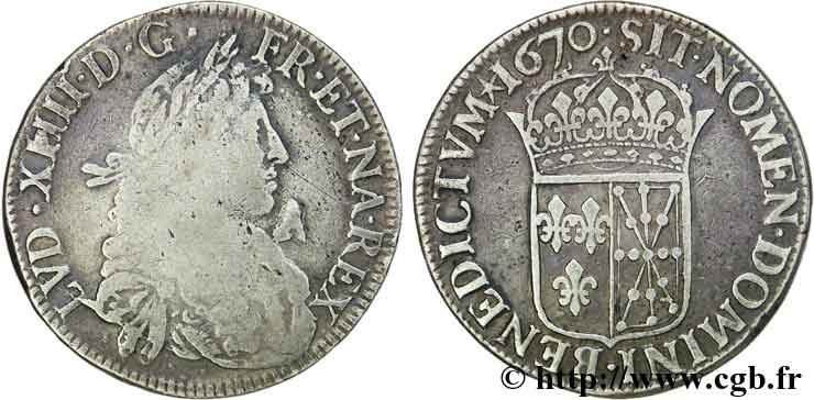 LOUIS XIV  THE SUN KING  Écu au buste juvénile de Navarre, 2e type 1670 Saint-Palais VF/XF