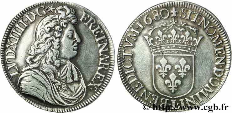 LOUIS XIV  THE SUN KING  Écu à la cravate, 1er type, 3e buste de Bayonne 1680 Bayonne XF