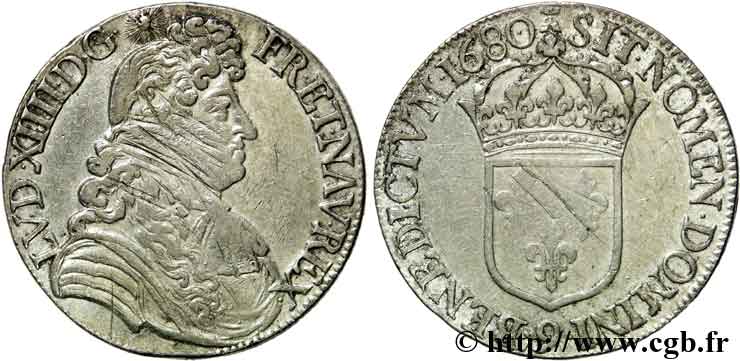 LOUIS XIV LE GRAND OU LE ROI SOLEIL Écu à la cravate dit du “Parlement” 1680 Rennes TB+