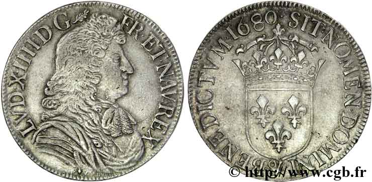 LOUIS XIV  THE SUN KING  Écu à la cravate dit du  Parlement  1680 Aix-en-Provence XF/AU