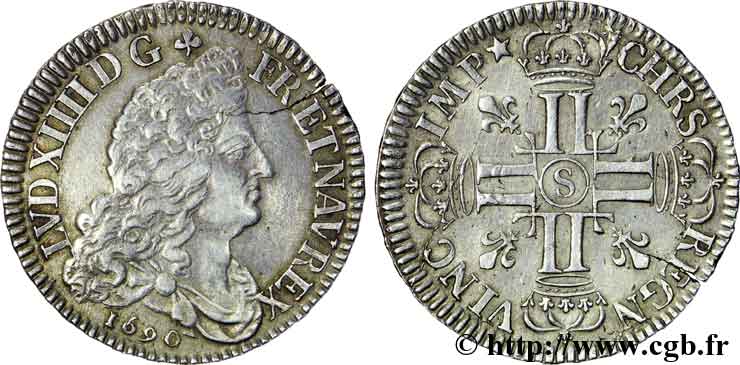LOUIS XIV &nbsp;THE SUN KING&nbsp; Demi-écu aux huit L, 1er type (portrait définitif) 1690 Reims MBC/MBC+