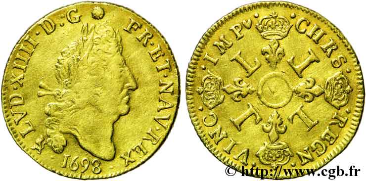 LOUIS XIV LE GRAND OU LE ROI SOLEIL Double louis d&nbsp;or aux quatre L 1698 Rennes TB