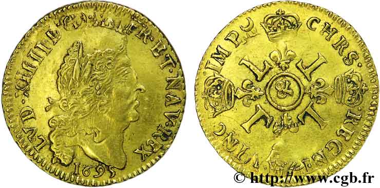 LOUIS XIV &nbsp;THE SUN KING&nbsp; Louis d&nbsp;or aux quatre L 1695 Aix-en-Provence XF
