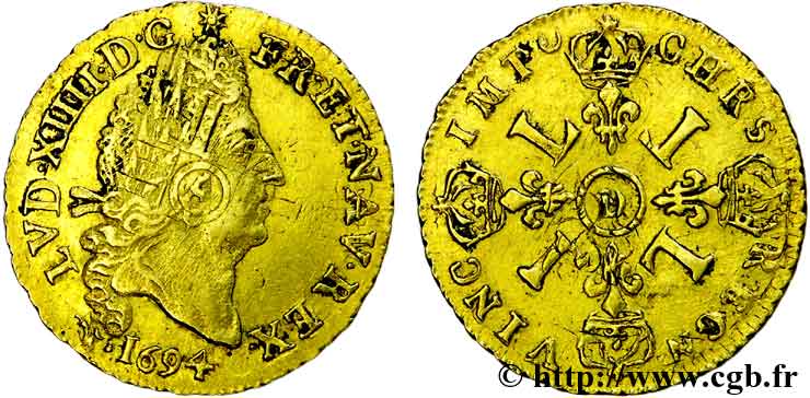 LOUIS XIV  THE SUN KING  Demi-louis d or aux quatre L 1694 Lyon MBC