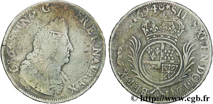LOUIS XIV LE GRAND OU LE ROI SOLEIL Écu de Flandre aux palmes 1694 Lille B+/TB+