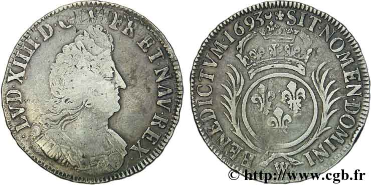 LOUIS XIV  THE SUN KING  Demi-écu aux palmes 1693 Lille VF/VF