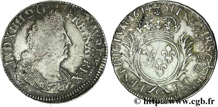 LOUIS XIV  THE SUN KING  Demi-écu aux palmes 1694 Caen fSS
