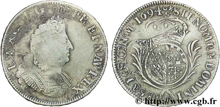 LOUIS XIV LE GRAND OU LE ROI SOLEIL Demi-écu de Flandre aux palmes 1694 Lille TB/TTB