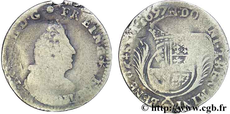 LOUIS XIV  THE SUN KING  Seizième d écu de Flandre aux palmes 1697 Lille B/q.MB