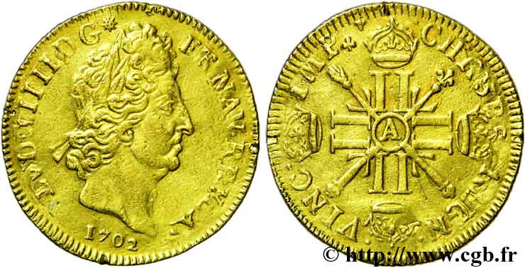 LOUIS XIV  THE SUN KING  Double louis d or aux huit L et aux insignes 1702 Paris XF