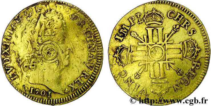 LOUIS XIV  THE SUN KING  Louis d’or aux huit L et aux insignes 1701  Paris MB/q.BB